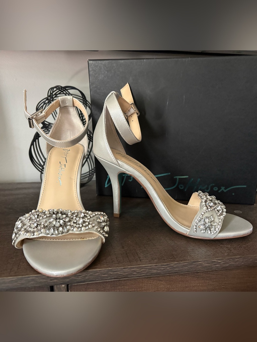 Betsey Johnson Silver Crystal-Embellished Ankle-Strap Heels